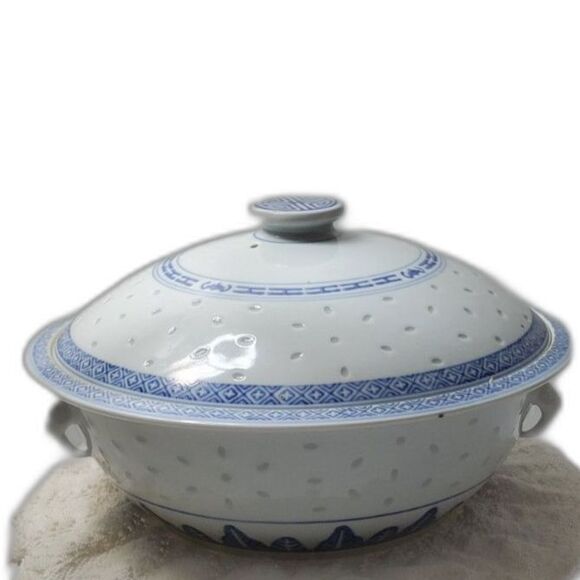 Stunning Chinese Porcelain Rice Eye Grain Covered Vegetable Serving Bowl Vintage - Picture 1 of 6